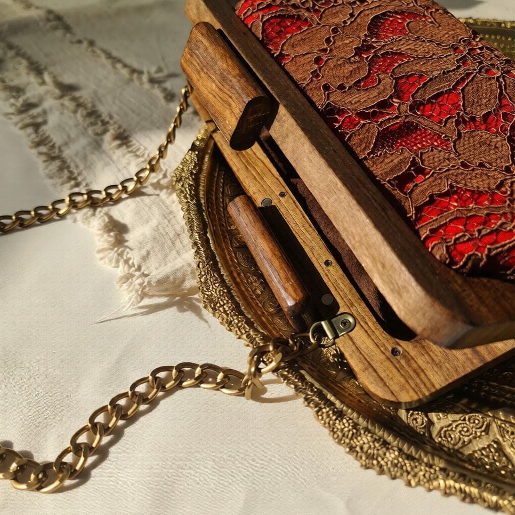 Embossed Fabric Clutch – Walnut Wood Frame