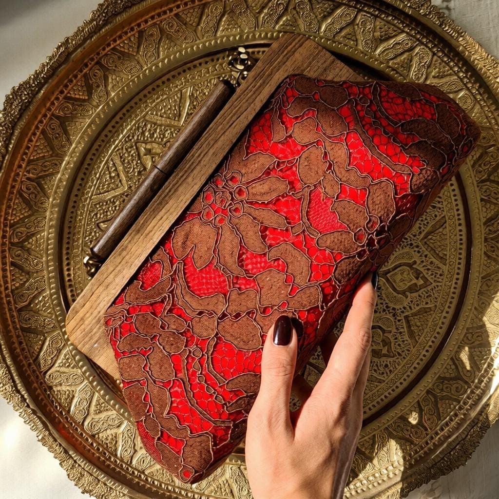 Embossed Fabric Clutch – Walnut Wood Frame