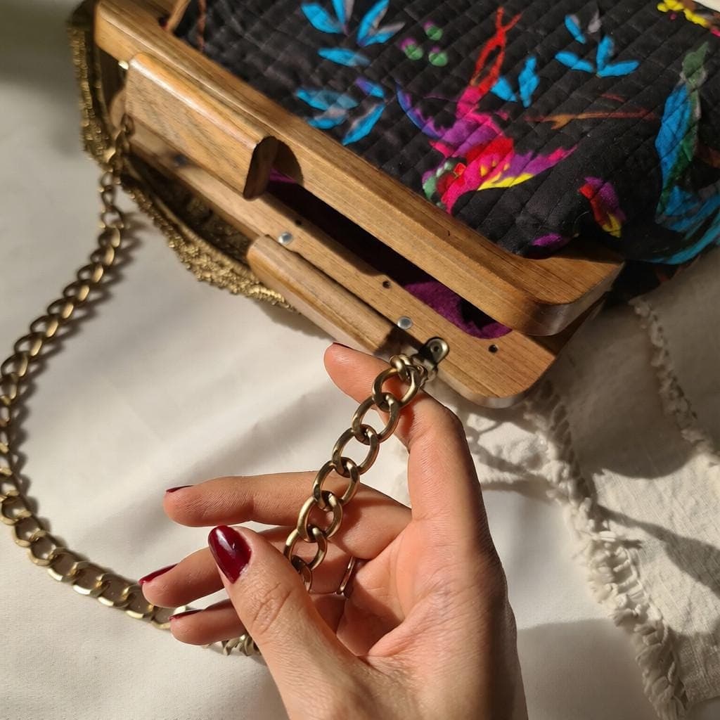 Hand-Woven Embroidered Shoulder Bag – Walnut Wood Frame