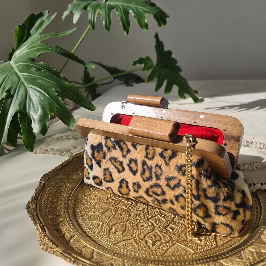 Leopard Faux Fur Clutch – Walnut Wood Frame