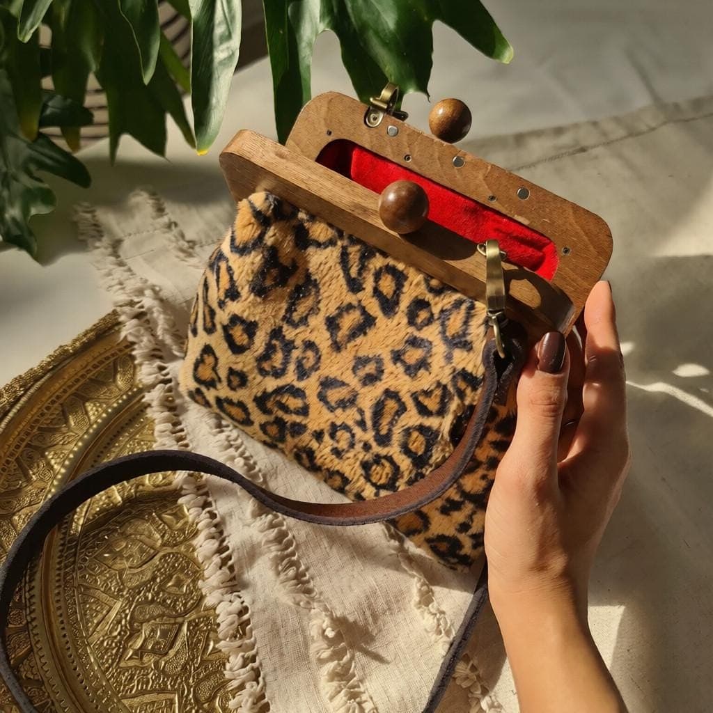 Leopard Faux Fur Handbag – Walnut Wood Frame