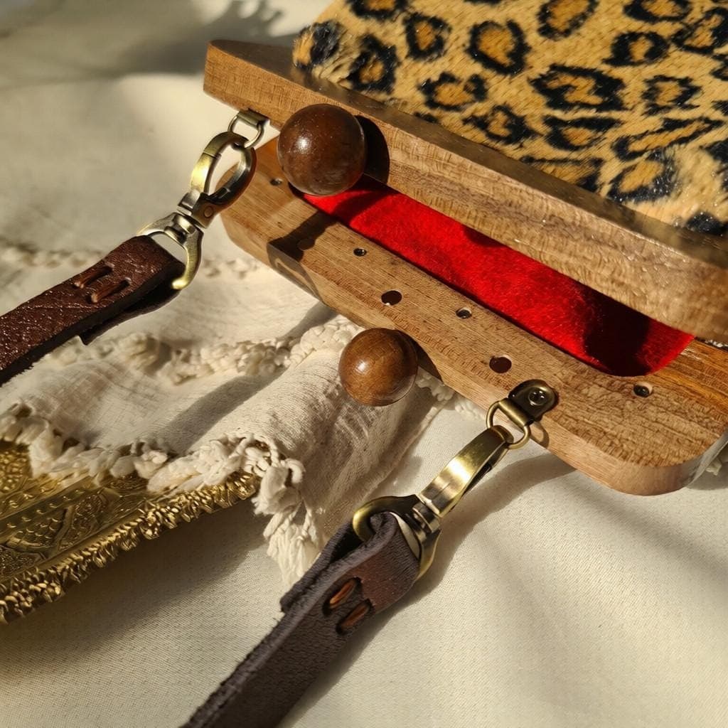 Leopard Faux Fur Handbag – Walnut Wood Frame
