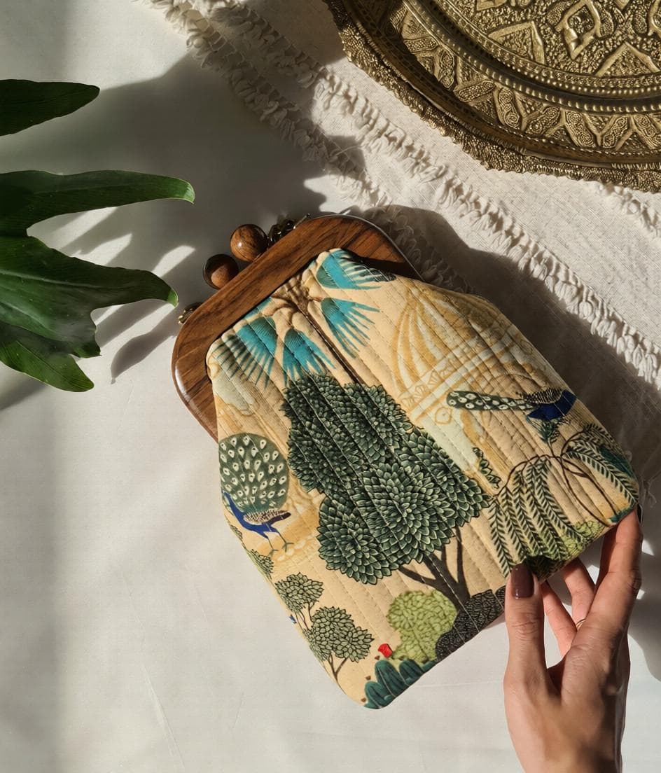 Peacock Embroidery Handbag – Walnut Wood Frame