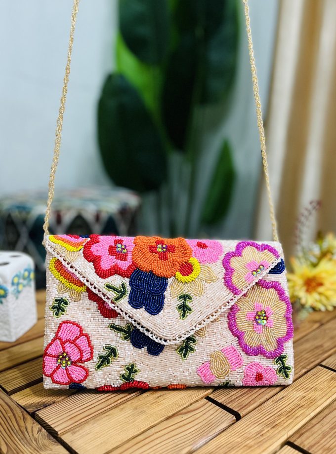 Floral Blossom Artisan Hand-Beaded Envelope Clutch by Zara Label
