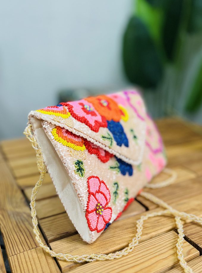 Floral Blossom Artisan Hand-Beaded Envelope Clutch by Zara Label