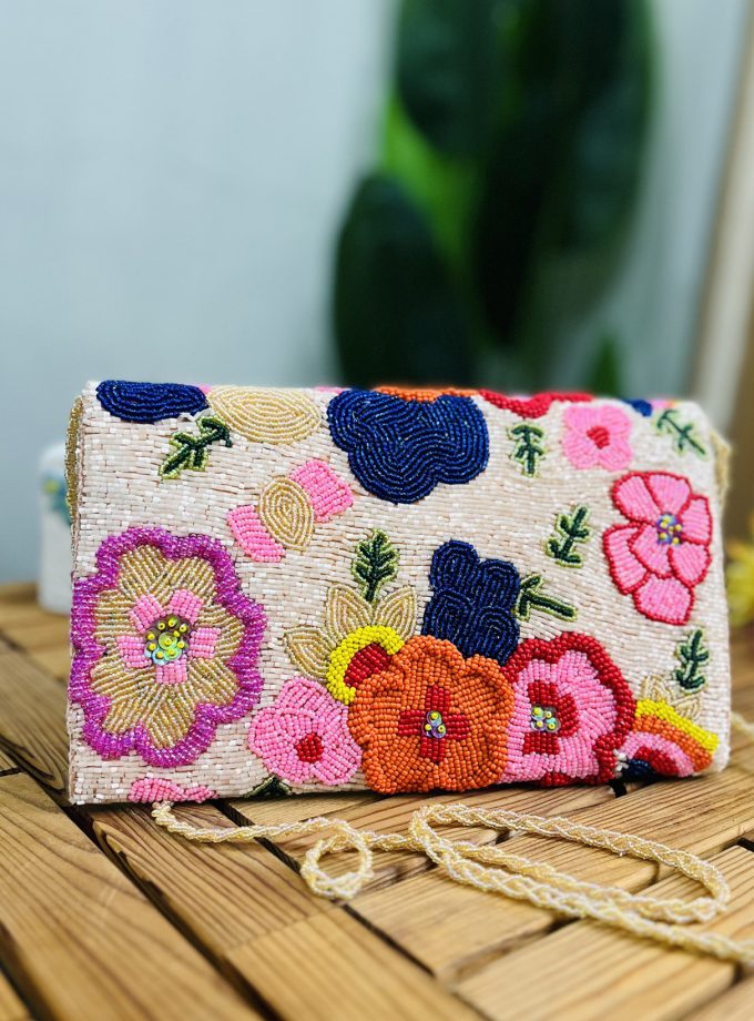 Floral Blossom Artisan Hand-Beaded Envelope Clutch by Zara Label