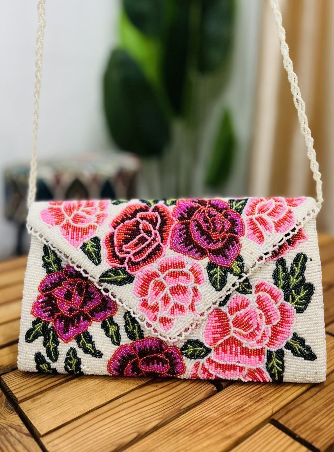 Floral Rose Artisan Hand-Beaded Envelope Clutch by Zara Label