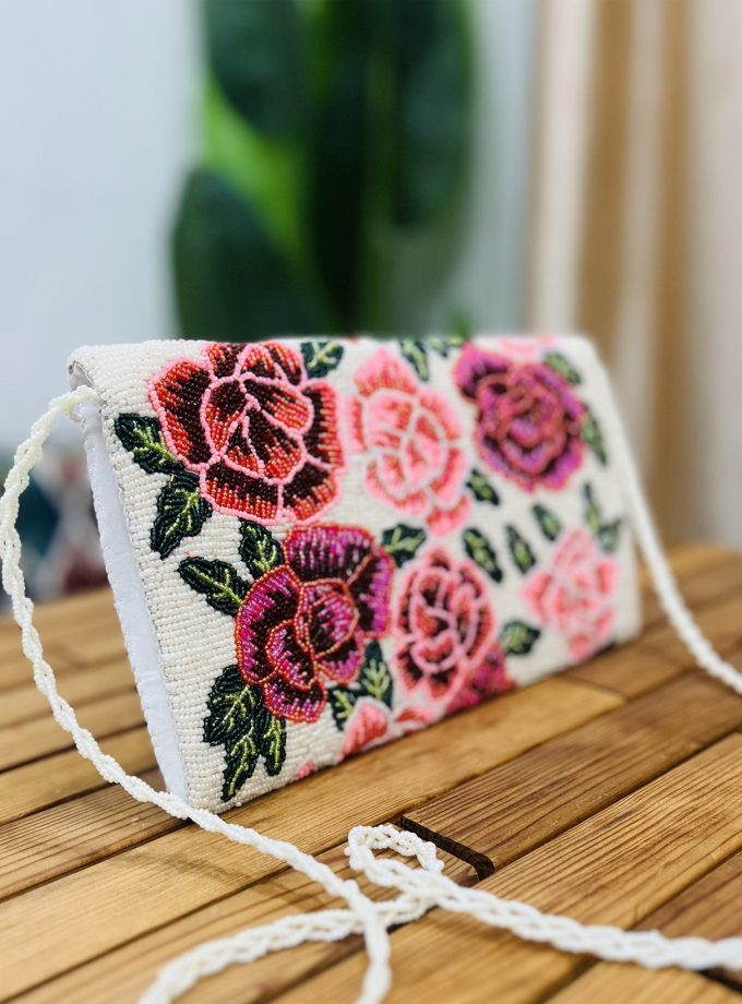 Floral Rose Artisan Hand-Beaded Envelope Clutch by Zara Label