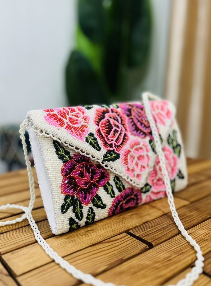 Floral Rose Artisan Hand-Beaded Envelope Clutch by Zara Label