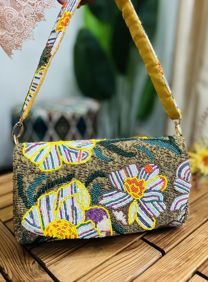 Gold Floral Beaded Statement Shoulder Bag by Zara Label