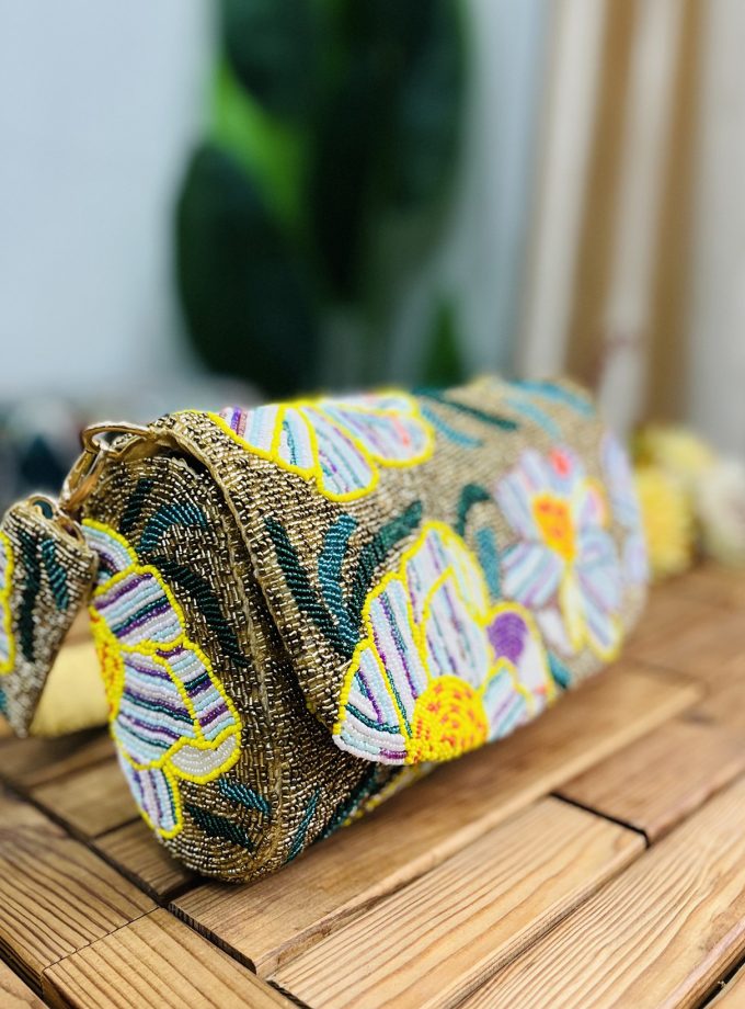 Gold Floral Beaded Statement Shoulder Bag by Zara Label