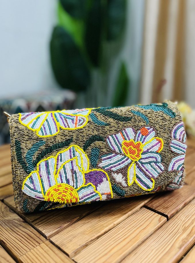 Gold Floral Beaded Statement Shoulder Bag by Zara Label