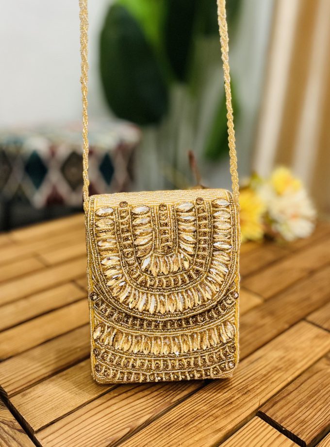Golden Artisan Crystal & Beaded Statement Clutch by Zara Lab
