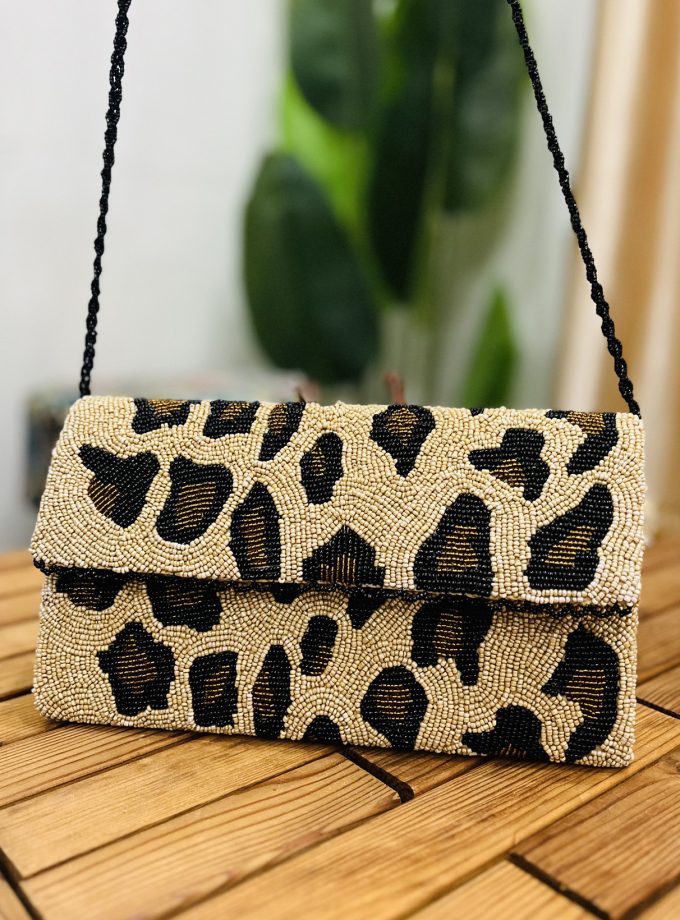 Leopard Print Artisan Hand-Beaded Envelope Clutch by Zara Label