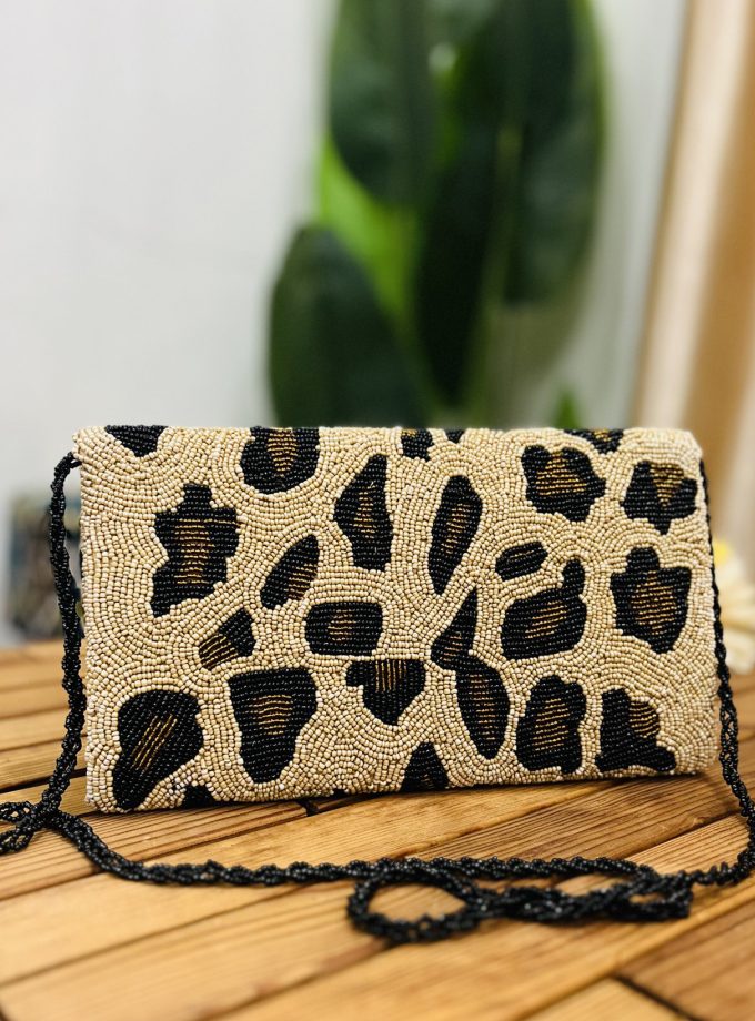 Leopard Print Artisan Hand-Beaded Envelope Clutch by Zara Label