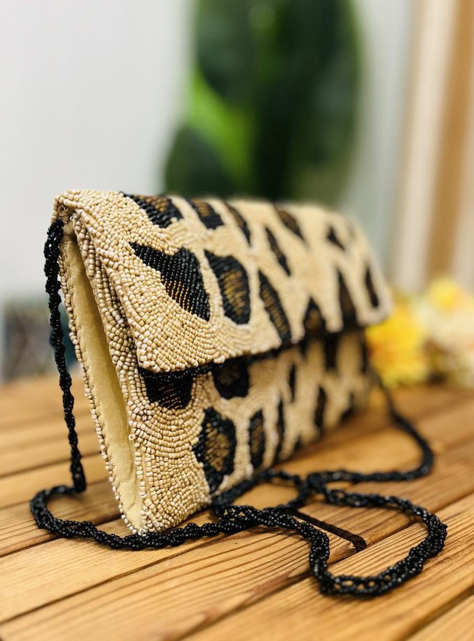 Leopard Print Artisan Hand-Beaded Envelope Clutch by Zara Label
