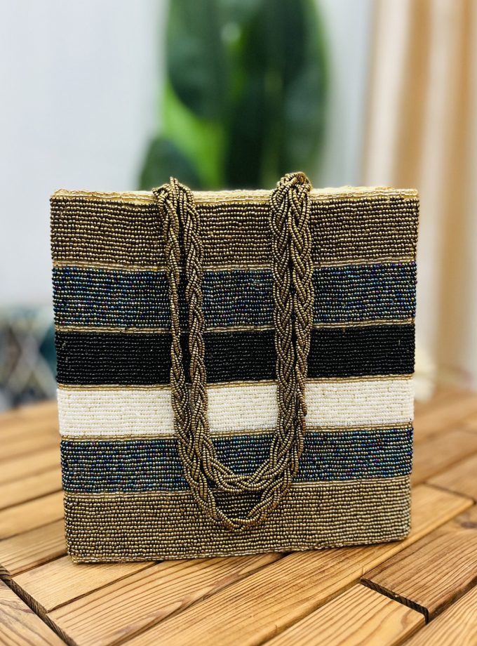 Metallic Striped Artisan Hand-Beaded Tote Bag by Zara Label