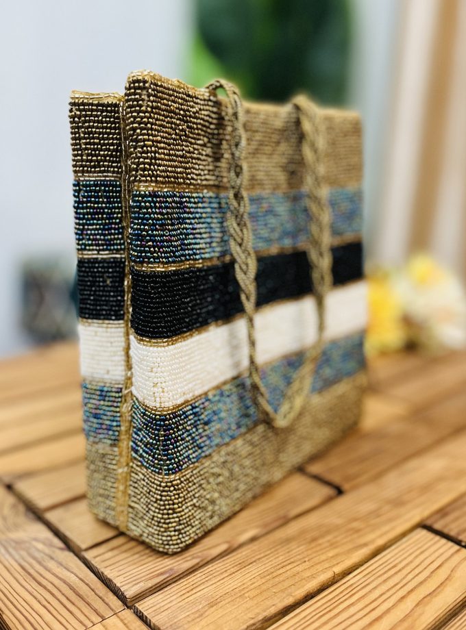 Metallic Striped Artisan Hand-Beaded Tote Bag by Zara Label
