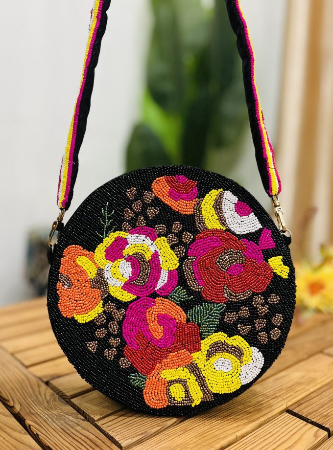 Midnight Bloom Circular Hand-Beaded Shoulder Bag by Zara Lab