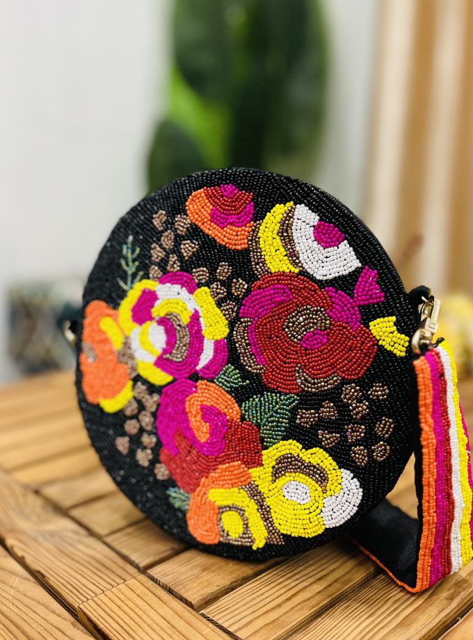 Midnight Bloom Circular Hand-Beaded Shoulder Bag by Zara Lab