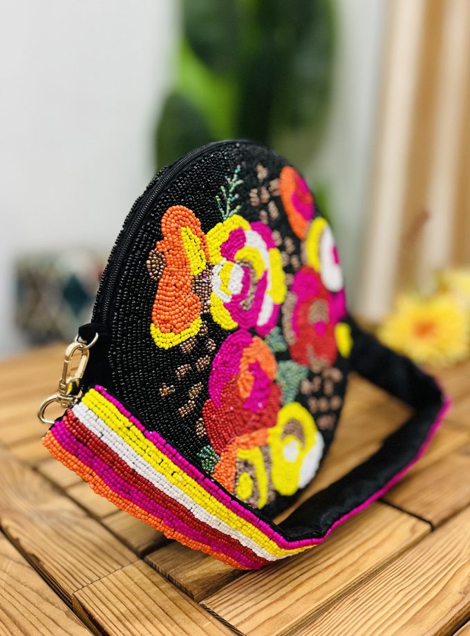 Midnight Bloom Circular Hand-Beaded Shoulder Bag by Zara Lab