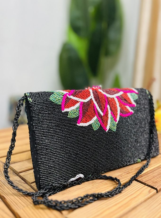 Midnight Floral Artisan Hand-Beaded Envelope Clutch by Zara Label
