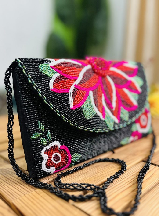 Midnight Floral Artisan Hand-Beaded Envelope Clutch by Zara Label