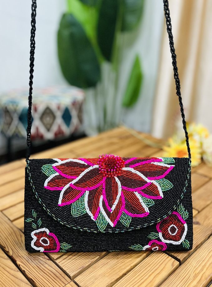 Midnight Floral Artisan Hand-Beaded Envelope Clutch by Zara Label