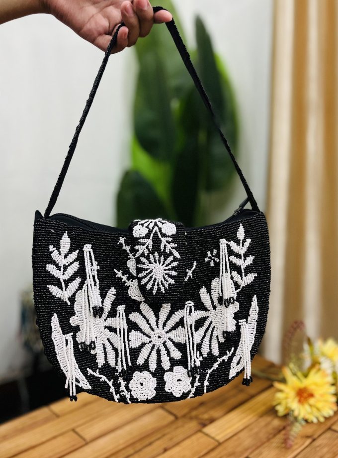 Monochrome Floral Hand-Beaded Shoulder Bag by Zara Label