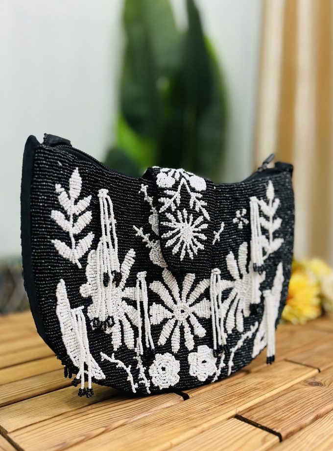 Monochrome Floral Hand-Beaded Shoulder Bag by Zara Label