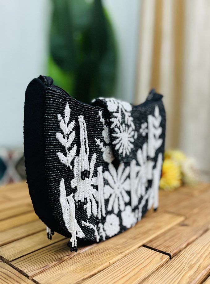Monochrome Floral Hand-Beaded Shoulder Bag by Zara Label