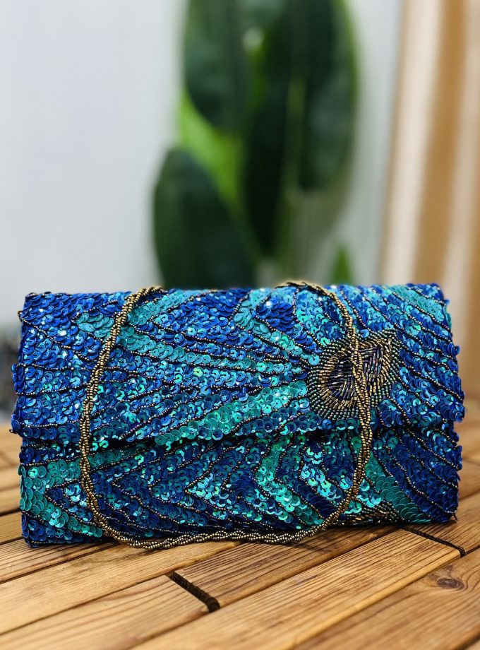 Peacock Feather Artisan Sequin & Beaded Envelope Clutch by Zara Label