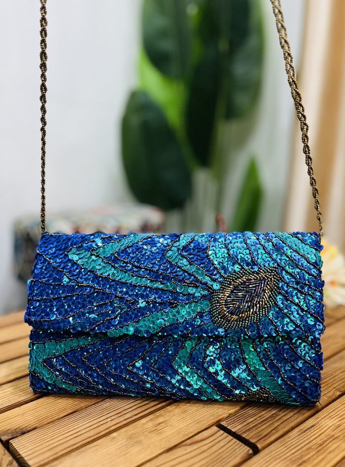 Peacock Feather Artisan Sequin & Beaded Envelope Clutch by Zara Label