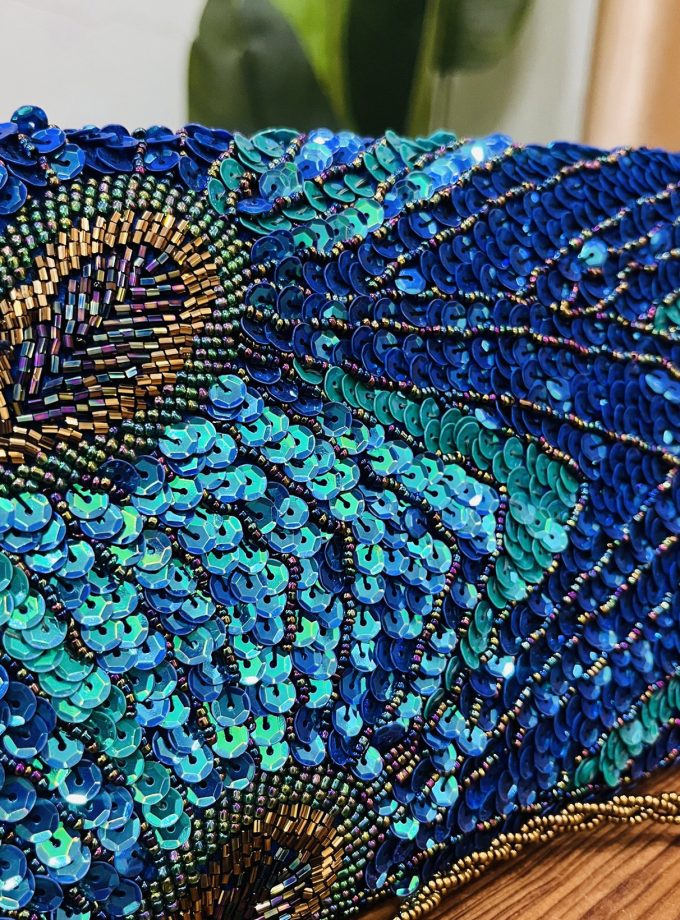 Peacock Feather Artisan Sequin & Beaded Envelope Clutch by Zara Label