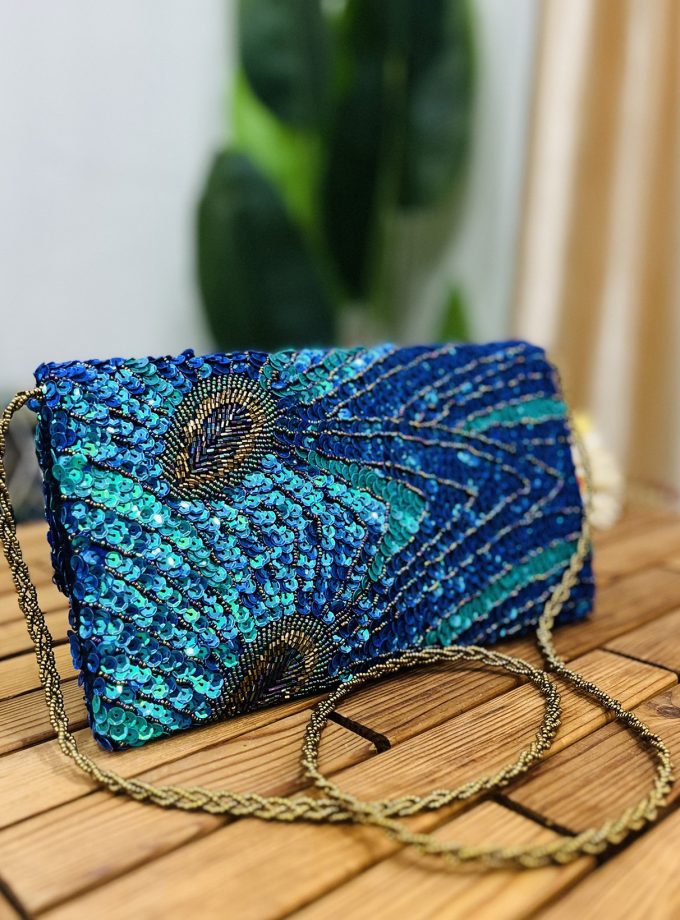Peacock Feather Artisan Sequin & Beaded Envelope Clutch by Zara Label