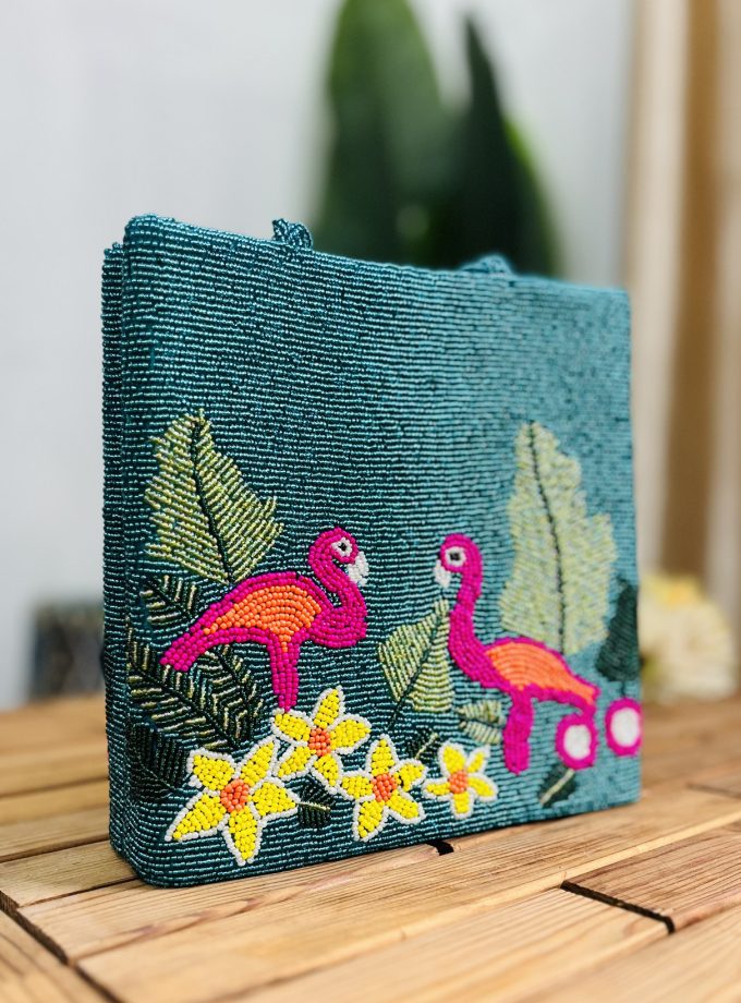 Tropical Flamingo Hand-Beaded Tote Bag by Zara Label