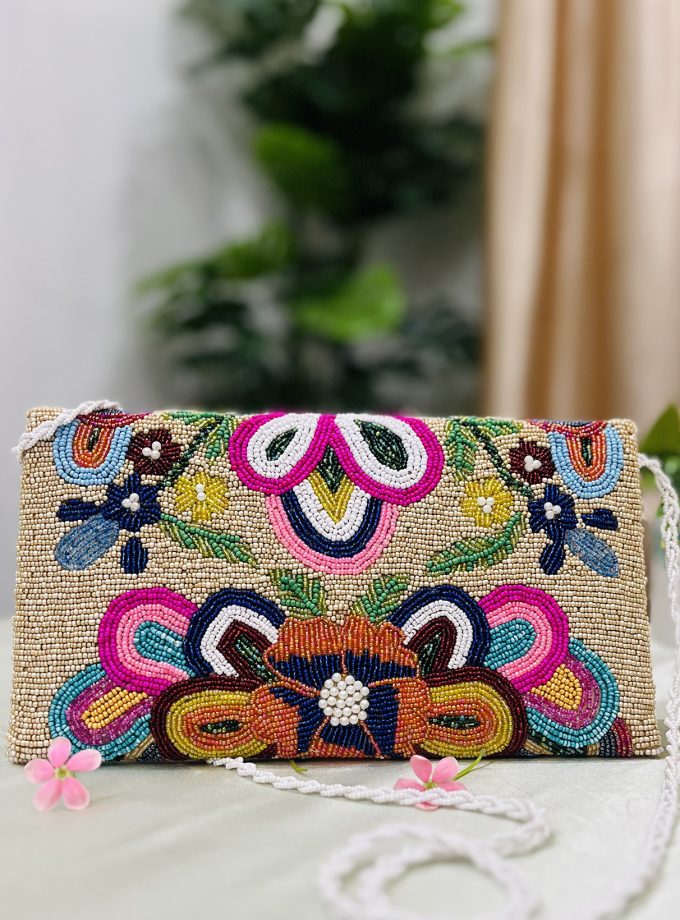 Vibrant Floral Artisan Hand-Beaded Envelope Clutch by Zara Label