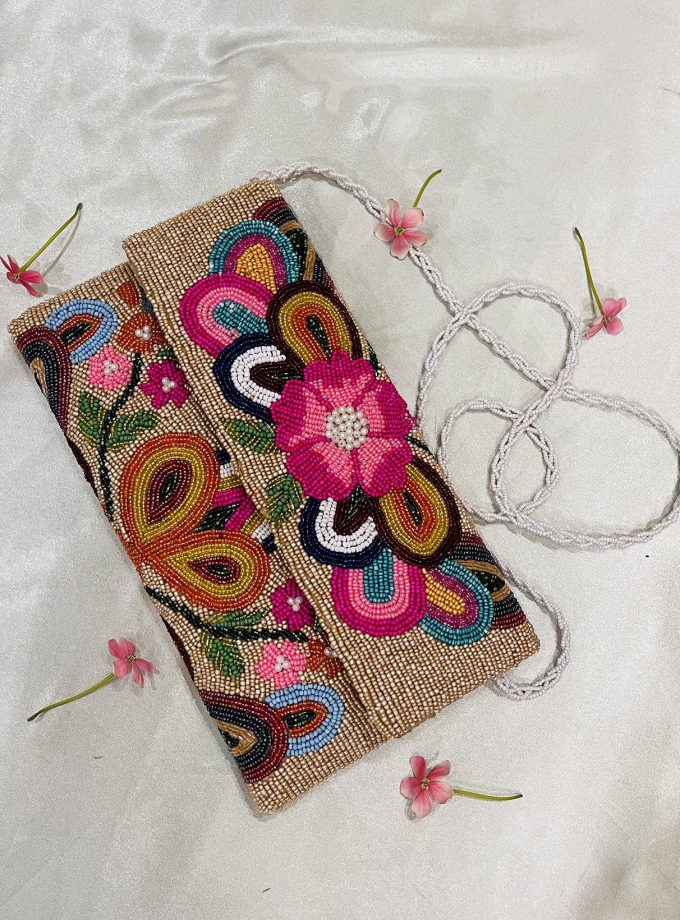 Vibrant Floral Artisan Hand-Beaded Envelope Clutch by Zara Label