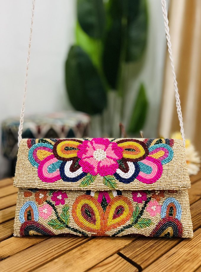 Vibrant Floral Artisan Hand-Beaded Envelope Clutch by Zara Label